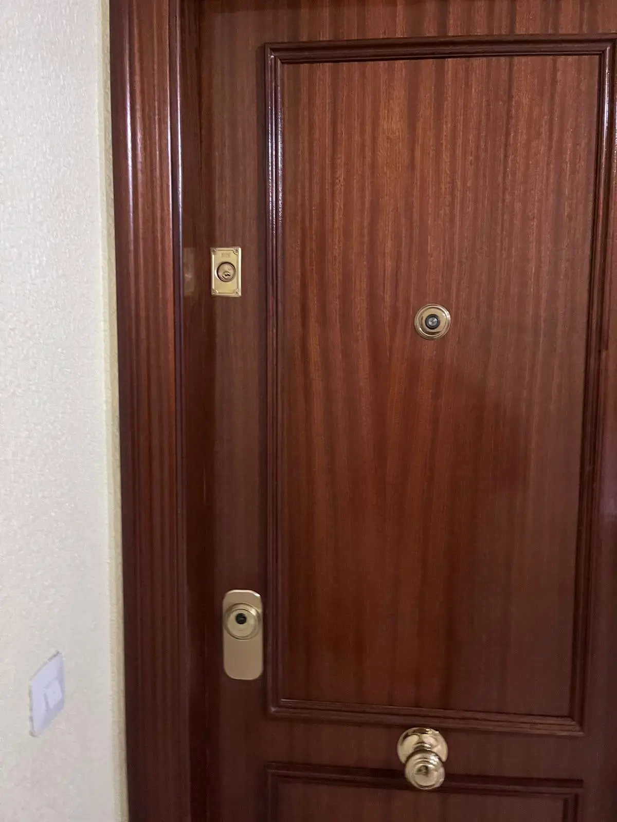 Puerta de madera por fuera, con el bombín del cerrojo arriba y un escudo protector en la cerradura