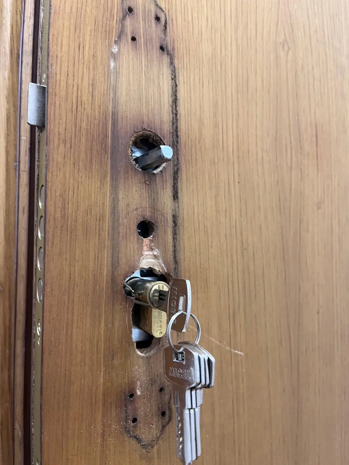 Bombín de perfil europeo nuevo con sus llaves, montado en la puerta